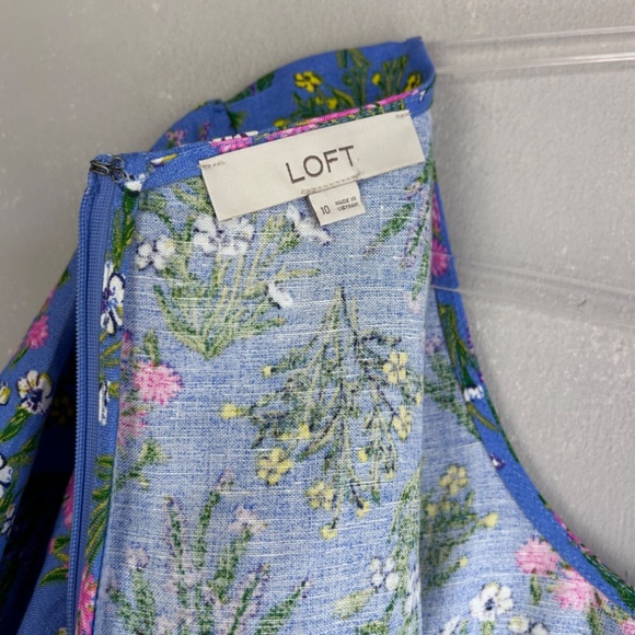 LOFT size 10 U neck puff sleeve short dress fit & flare blue floral linen blend - Picture 11 of 13